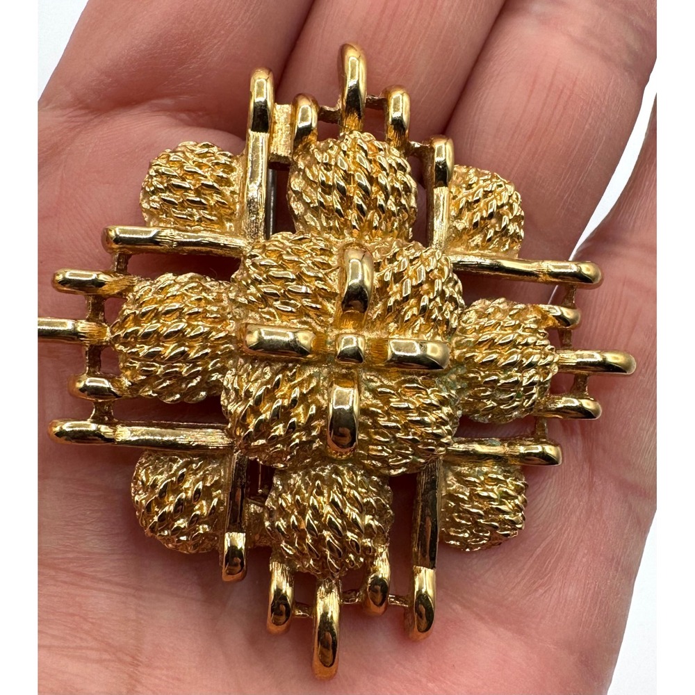 Vintage Monet Gold Tone Textured Basketweave Statement Brooch Pin